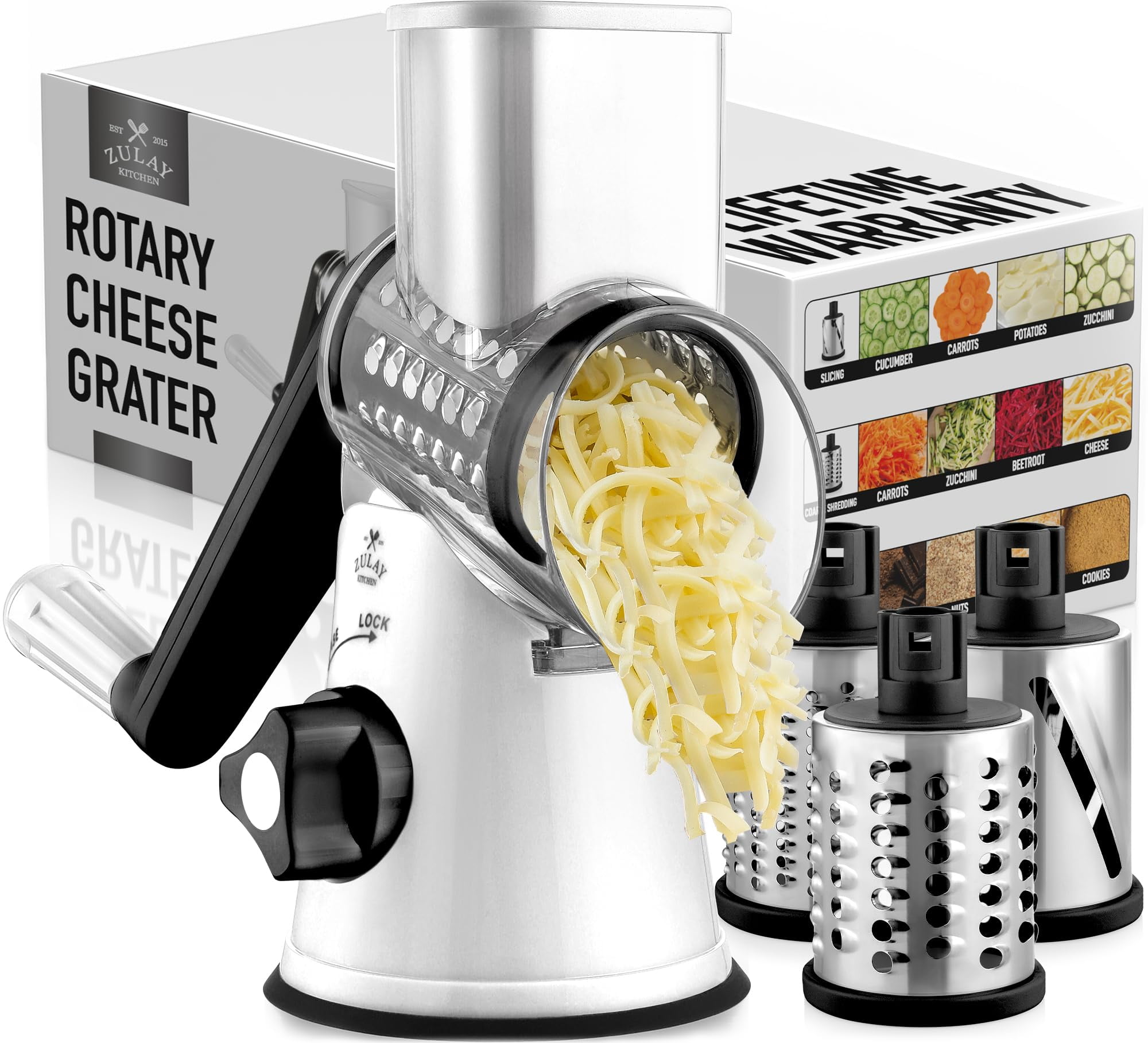White Rotary Cheese Grater with Stainless Steel Blades