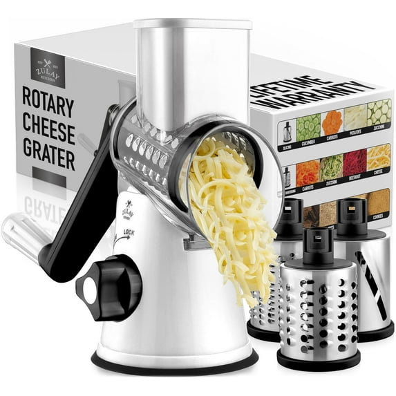 Zulay Kitchen Cheese Grater Hand Crank, Grater for Kitchen with Reinforced Suction - Rotary Cheese Grater with 3 Replaceable Stainless Steel Blades, White