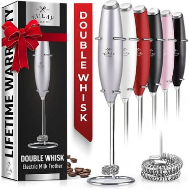 Zulay Kitchen Double Whisk Milk Frother Handheld Mixer - High Powered Frother For Coffee - Bright Silver