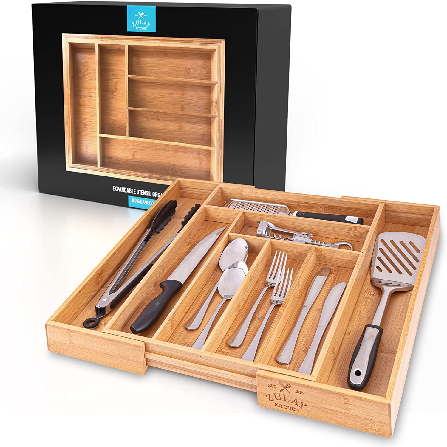 Zulay Kitchen Expandable Bamboo Drawer Organizer Adjustable Kitchen Drawer Organizer
