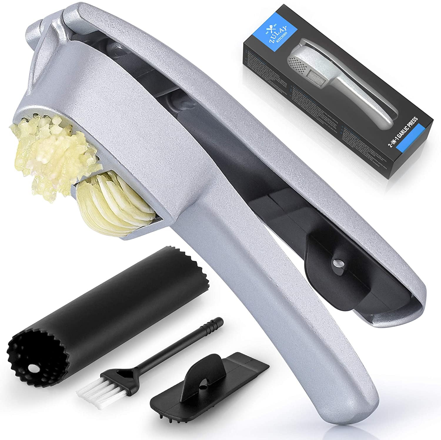 Zulay Kitchen Garlic Press Set with Cleaning Brush & Silicone Garlic