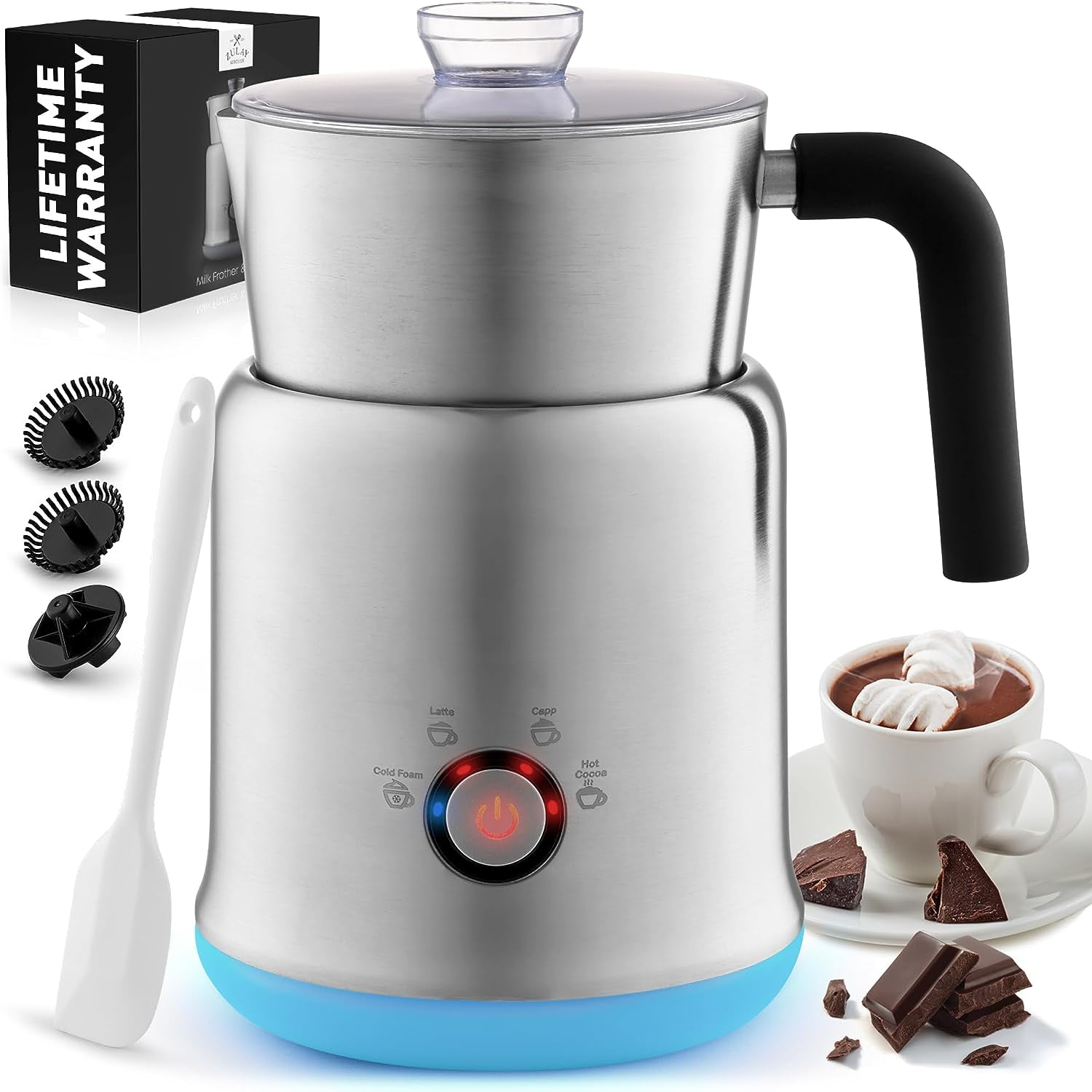 Zulay Kitchen Milk Frother and Steamer 4 in 1 Milk Foamer Electric Heater  for Coffee Blue 10 oz 
