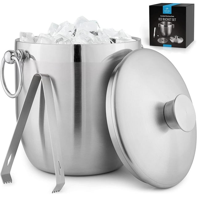Zulay Kitchen Ice Bucket 3L DoubleWall Insulated Stainless Steel Ice Bucket Lid Strainer