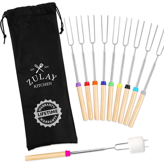 Zulay Kitchen Long 32" Marshmallow Roasting Sticks Extendable Stainless Steel 10 Pack - Multicolored