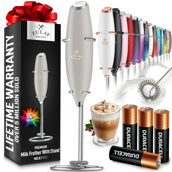 Zulay Kitchen Milk Frother with Batteries 4pcs Duracell Included - Handheld Milk Frother Wand Drink Mixer for Coffee, Latte, Cappuccino, Tea, Hot Chocolate