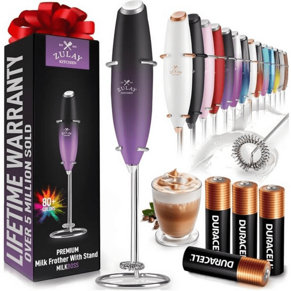 Zulay Kitchen Milk Frother with Batteries 4pcs Duracell Included - Handheld Milk Frother Wand Drink Mixer for Coffee, Latte, Cappuccino, Tea, Hot Chocolate