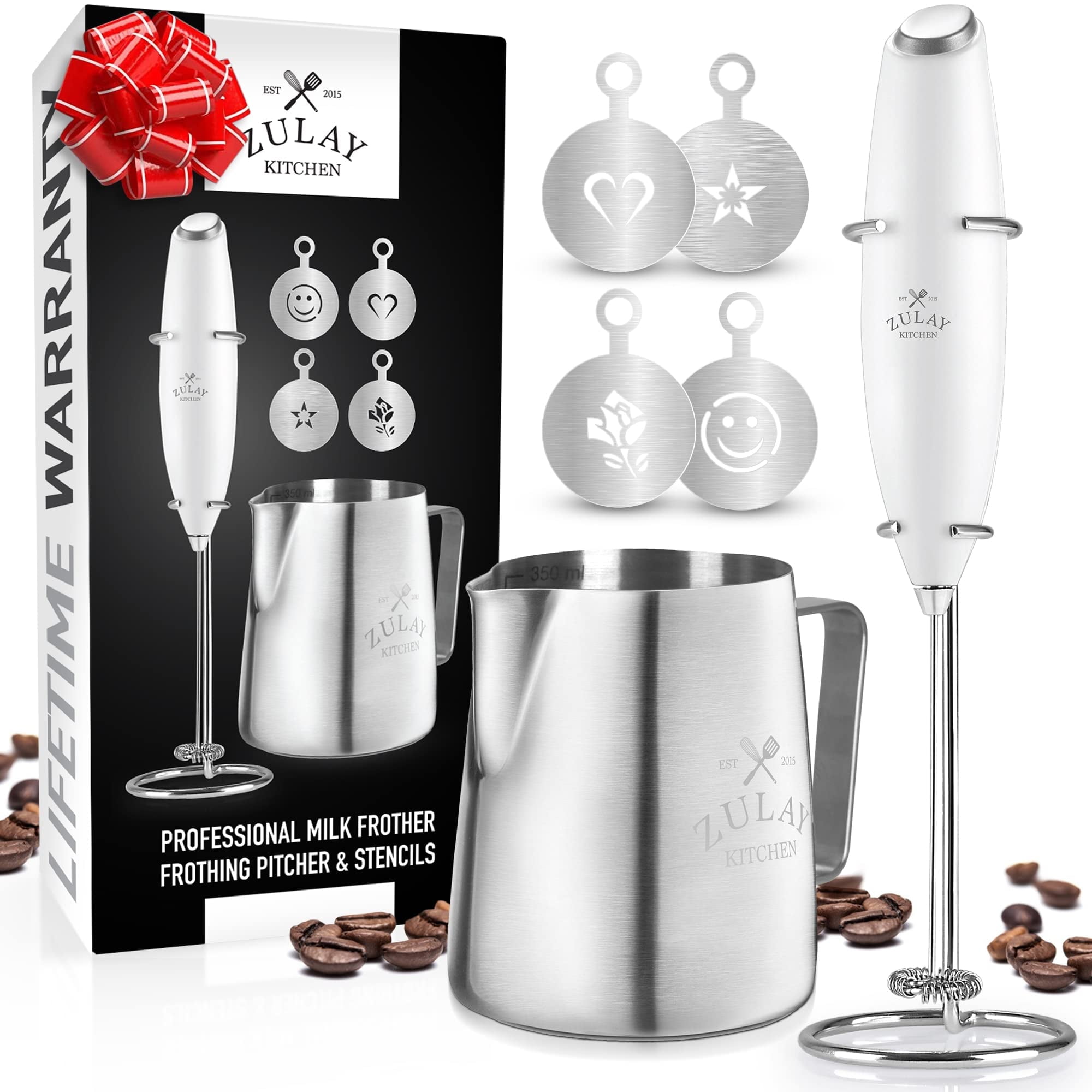 White Stainless Steel Milk Frother Set with Stencils