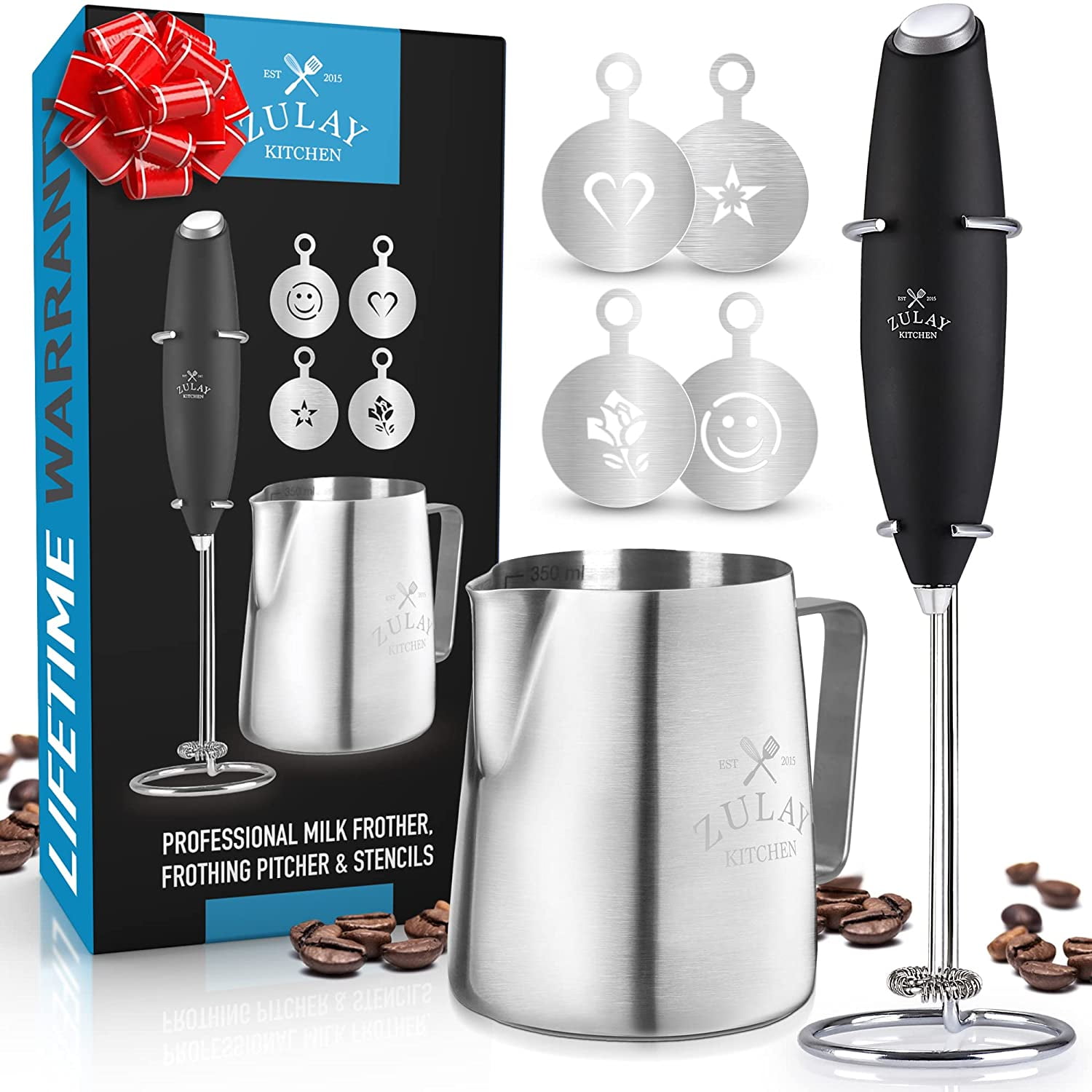 Zulay Kitchen Milk Frother Complete Set - Includes Black Frother, Stencils,  and 12oz Frothing Cup 