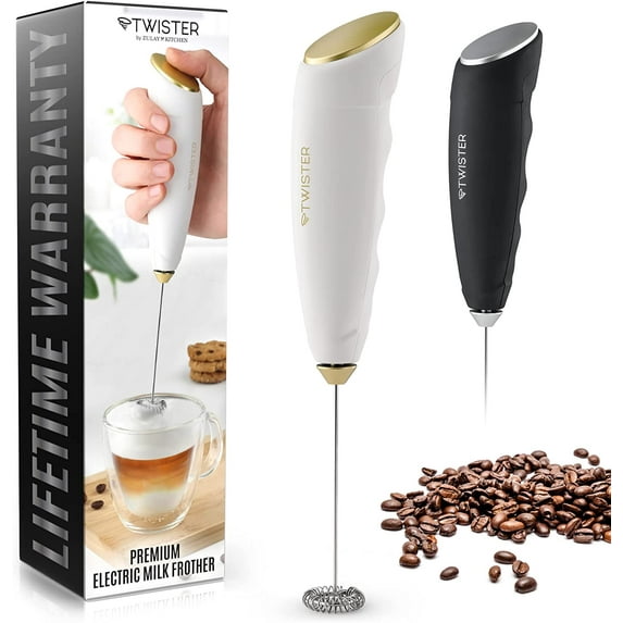 Zulay Kitchen Milk Frother Handheld Easy-to-Grip Hand Mixer Electric - Twister-Design White/Gold
