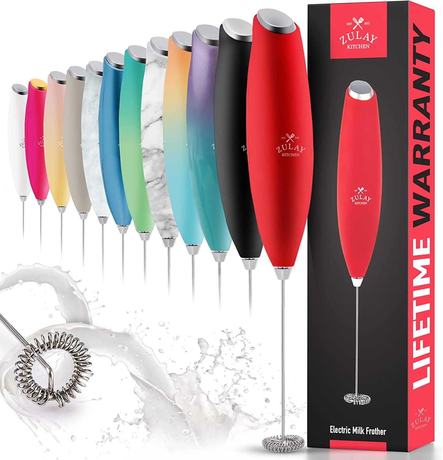 Zulay Powerful Milk Frother Handheld Foam Maker for Lattes - Red
