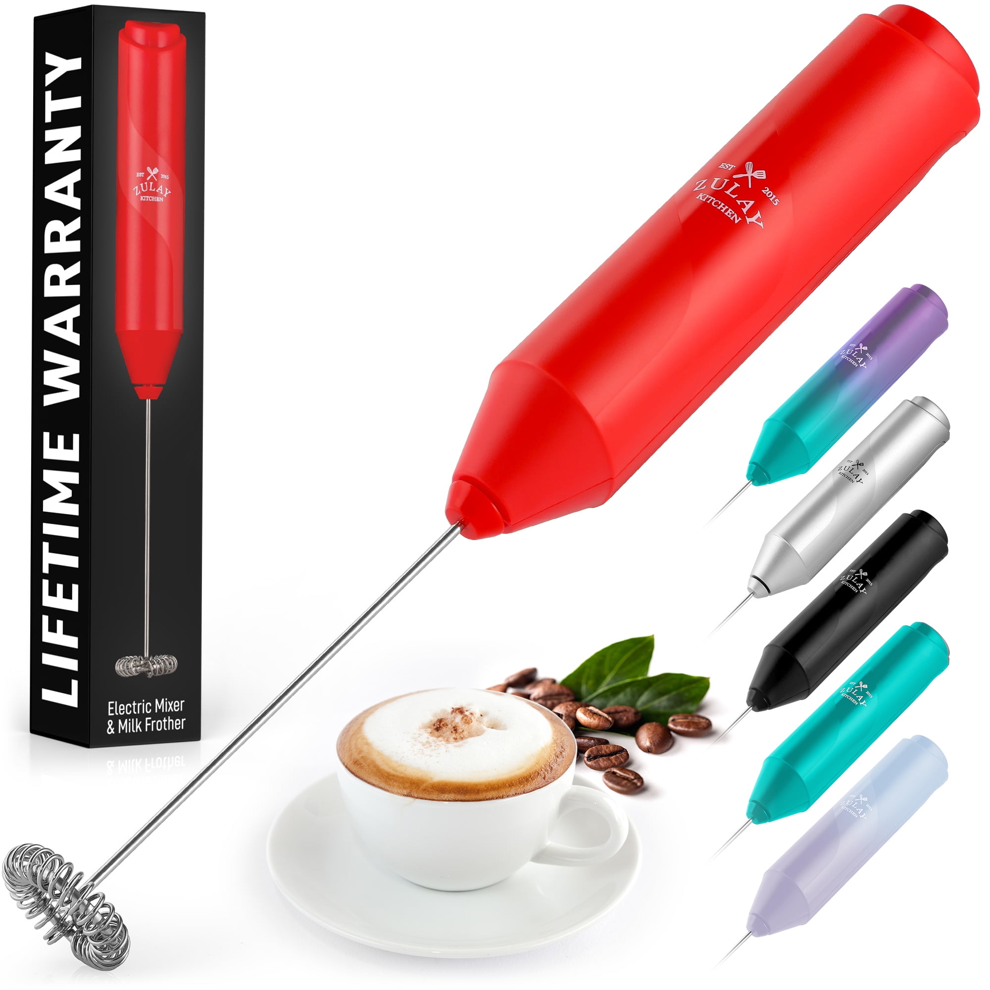 Zulay Kitchen Milk Frother for Coffee Portable & Compact Handheld Mixer Travel Milk Foamer Red