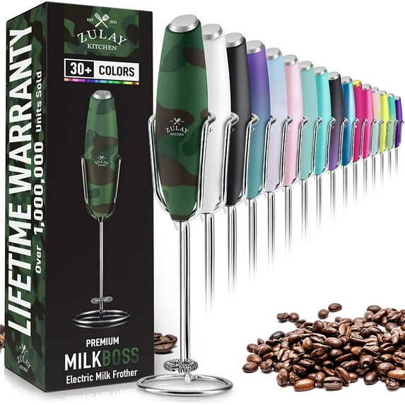 Zulay Kitchen Milk Frother for Lattes Upgraded Holster Stand Foam Maker Stainless Steel - Green Camo