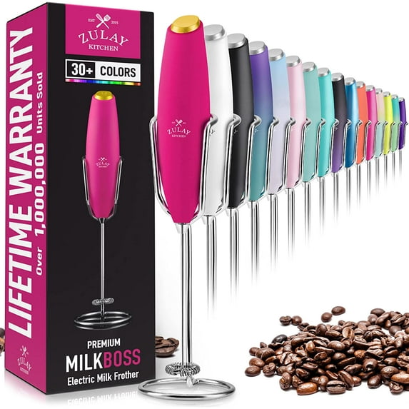 Zulay Kitchen Milk Frother for Lattes Upgraded Holster Stand Foam Maker Stainless Steel - Hot Pink