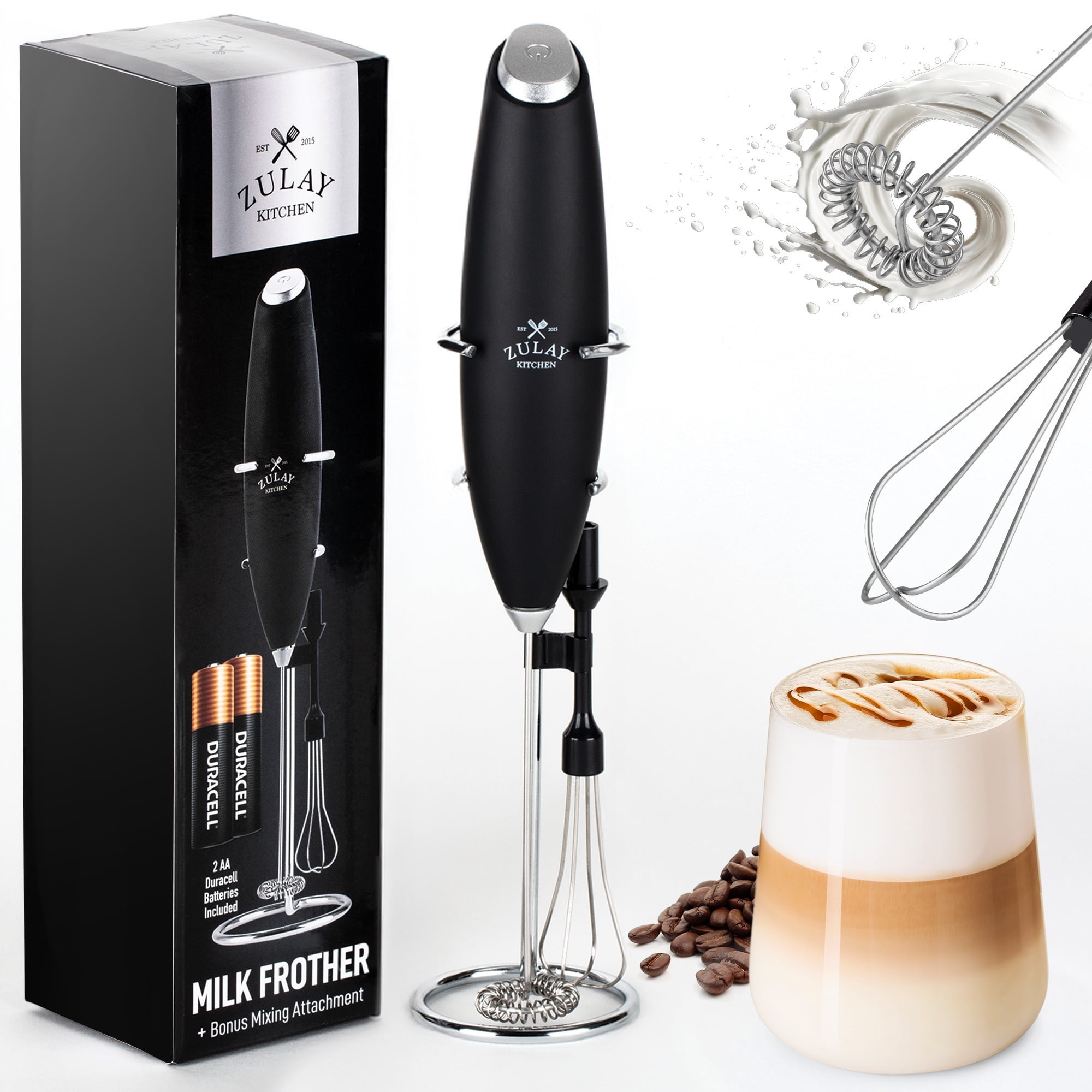 Zulay Kitchen Milk Frother with Stand, 2 Duracell Batteries, and ...