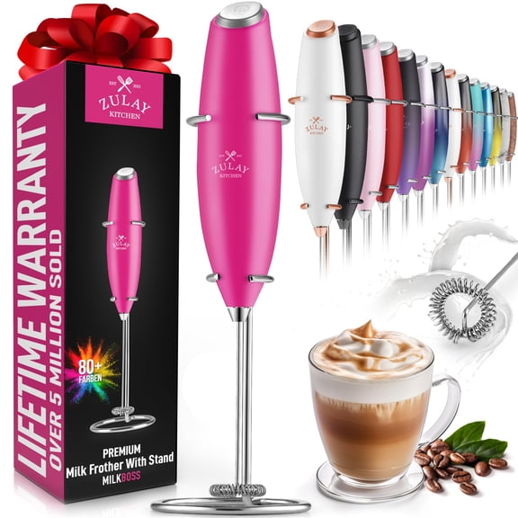 Zulay Kitchen Milk Frother with Stand Handheld Electric Whisk for Coffee Latte and Matcha Beaming Pink