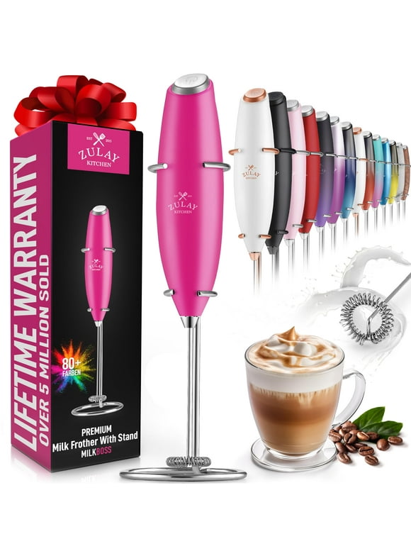 Zulay Kitchen Milk Frother with Stand Handheld Electric Whisk for Coffee Latte and Matcha Beaming Pink