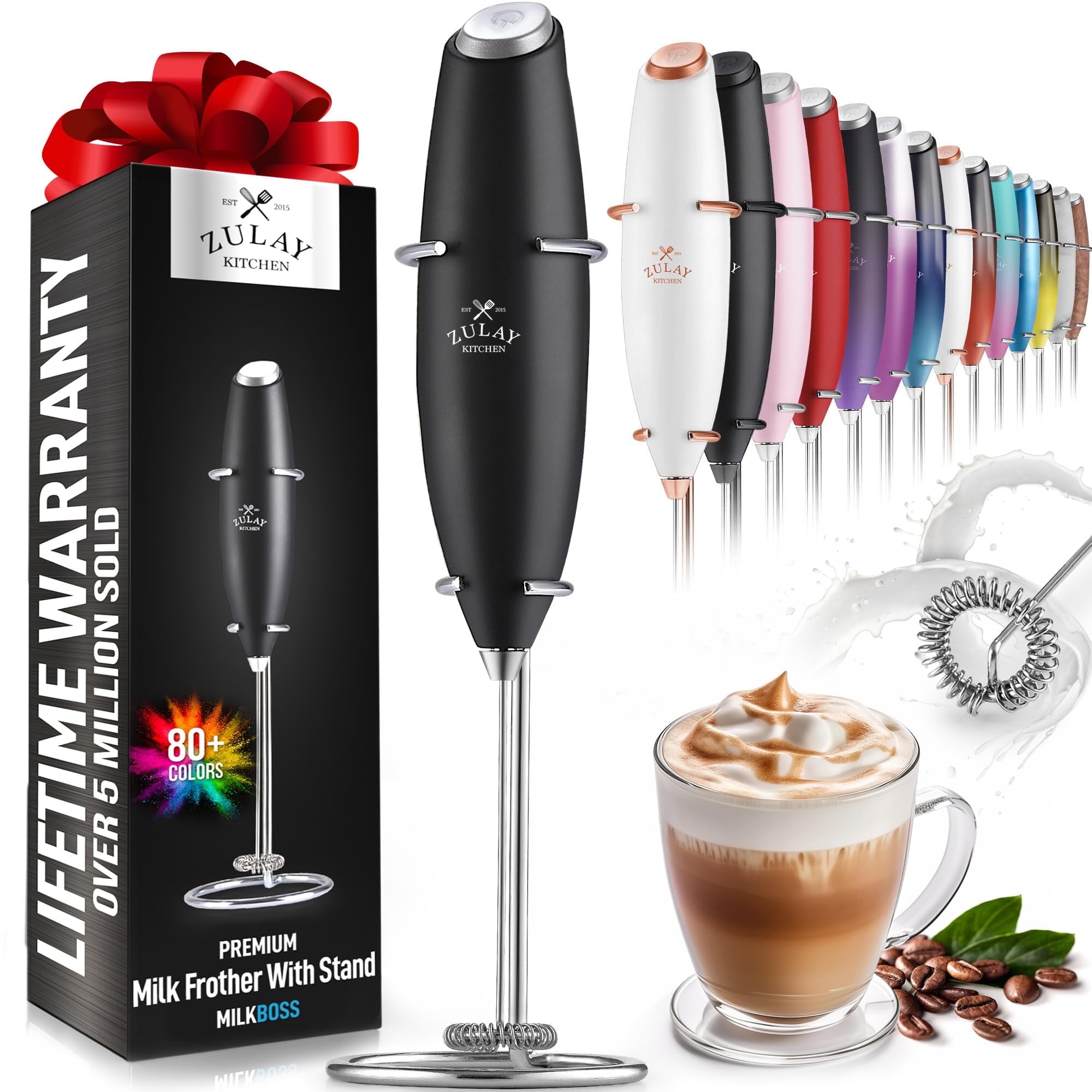 Zulay Kitchen Powerful Milk Frother Wand With 2 Duracell Batteries - Ultra Fast Handheld Drink Mixer - Electric Whisk Foam Maker for Coffee, Lattes, Cappuccino, Matcha, Hot Chocolate & Creamer