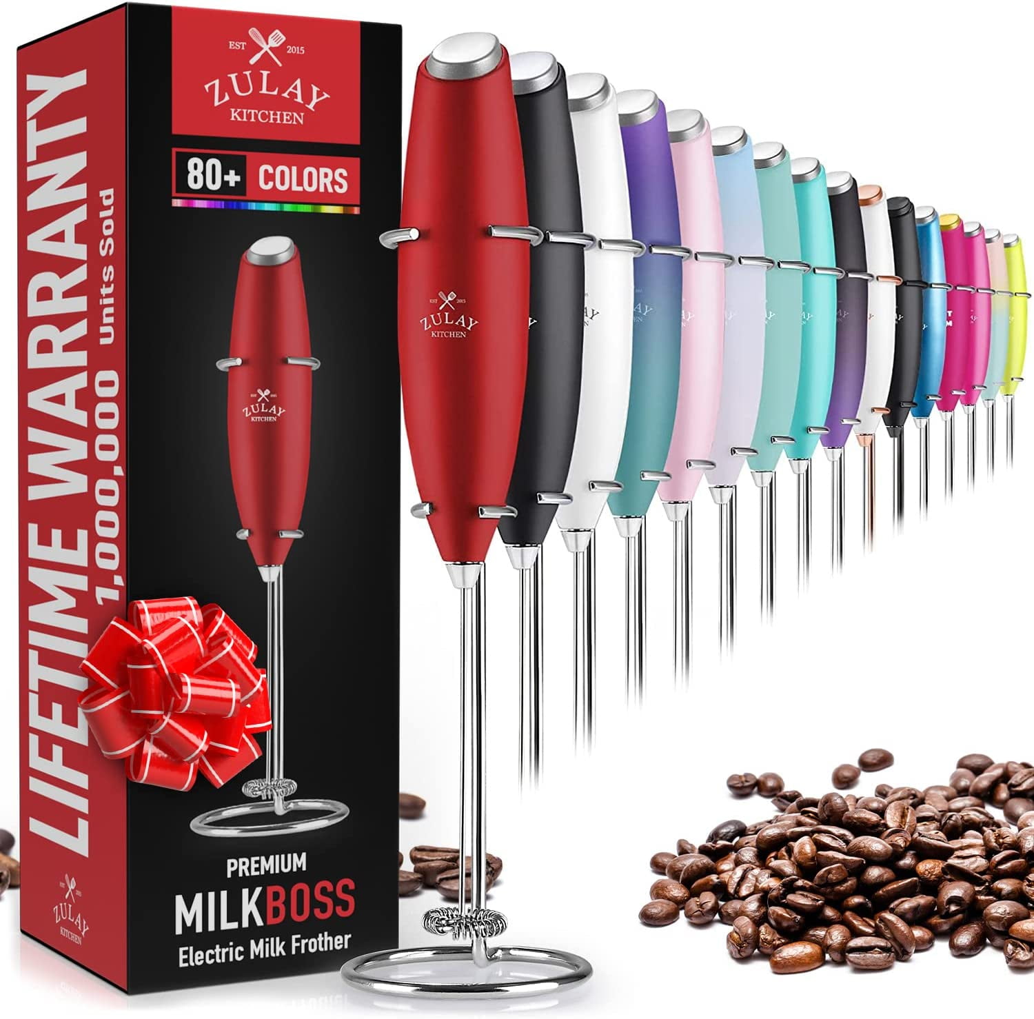 Zulay Kitchen Milk Frother with Stand Handheld Electric Whisk for Coffee  Latte and Matcha Cardinal Red