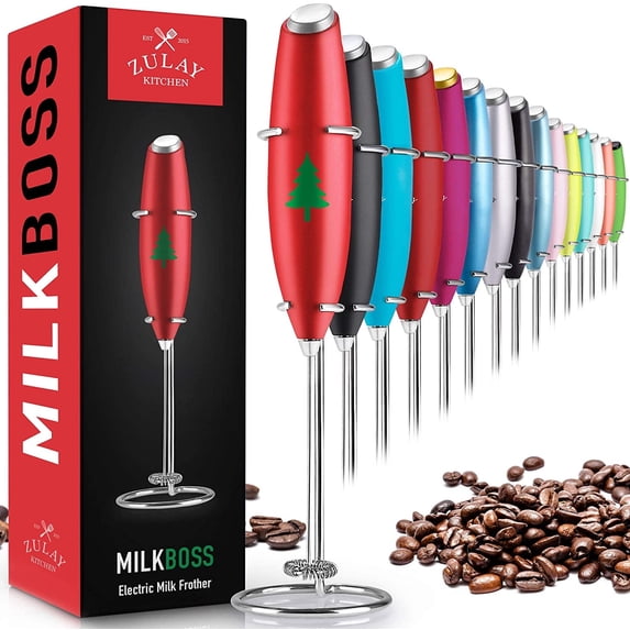 Zulay Kitchen Milk Frother with Stand Handheld Electric Whisk for Coffee Latte and Matcha - Christmas Red