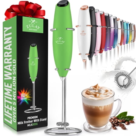 Zulay Kitchen Milk Frother with Stand Handheld Electric Whisk for Coffee Latte and Matcha Clover Green