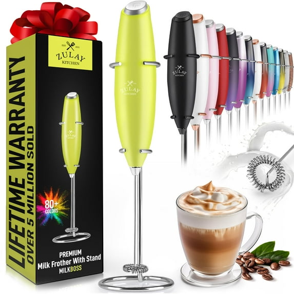 Zulay Kitchen Milk Frother with Stand Handheld Electric Whisk for Coffee Latte and Matcha Sunshine