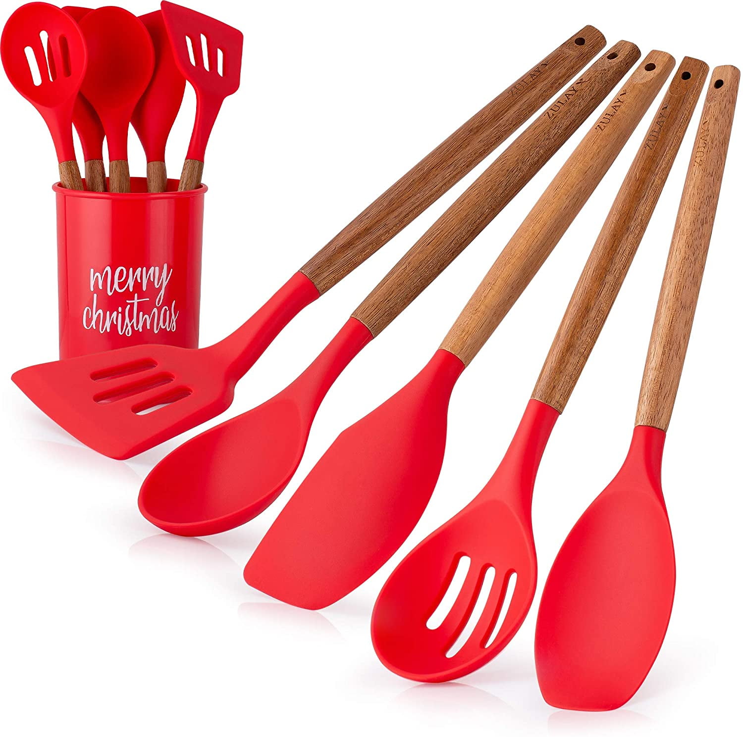 Christmas Red Silicone Utensils Set with Acacia Wood Handles