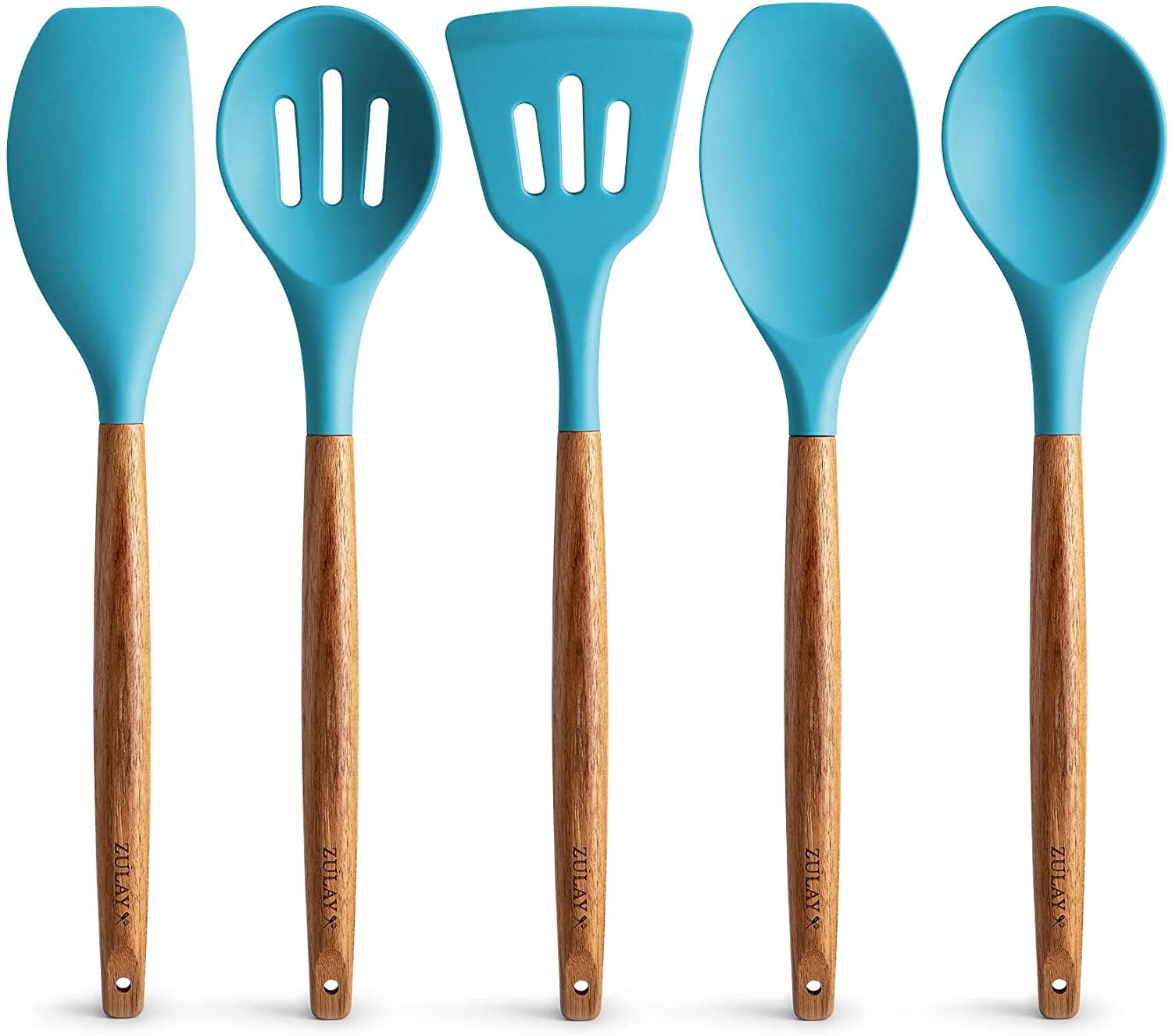 Blue Silicone Cooking Utensil Set with Acacia Wood Handles