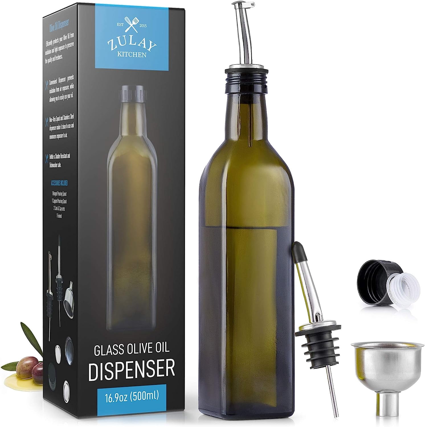 Zulay Kitchen - 1 Pack Glass Oil Container with Spout, Pourers and Funnel - Dark Brown