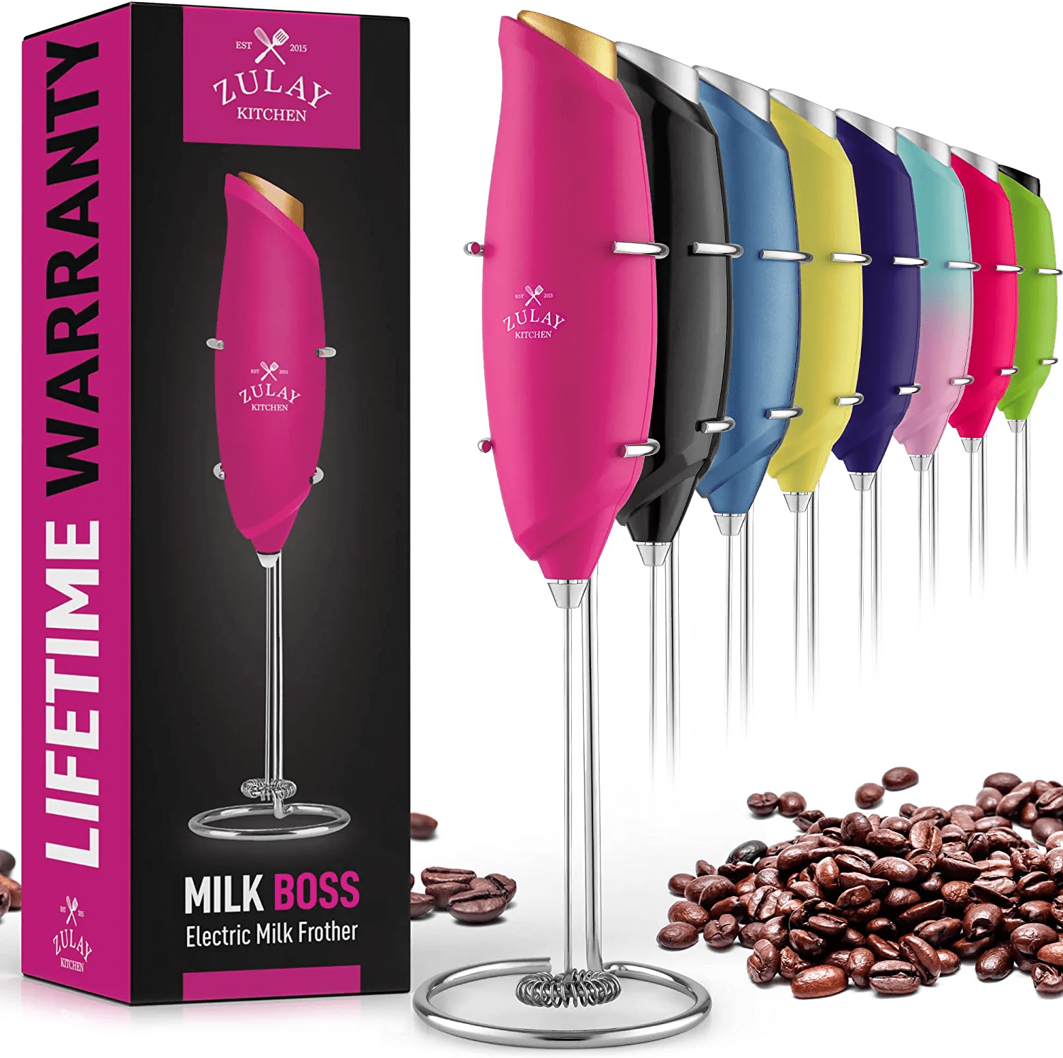 Zulay Kitchen Milk Frother for Coffee EasyUse Handheld Frother Hot Pink, Gold