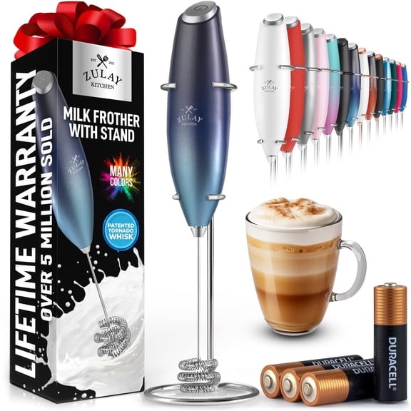 Zulay Kitchen Patented Tornado Triple Whisk Milk Frother with 4 Duracell Batteries Handheld Foam Maker for Coffee, Lattes, Matcha & Hot Chocolate Rich, Creamy Froth in Seconds