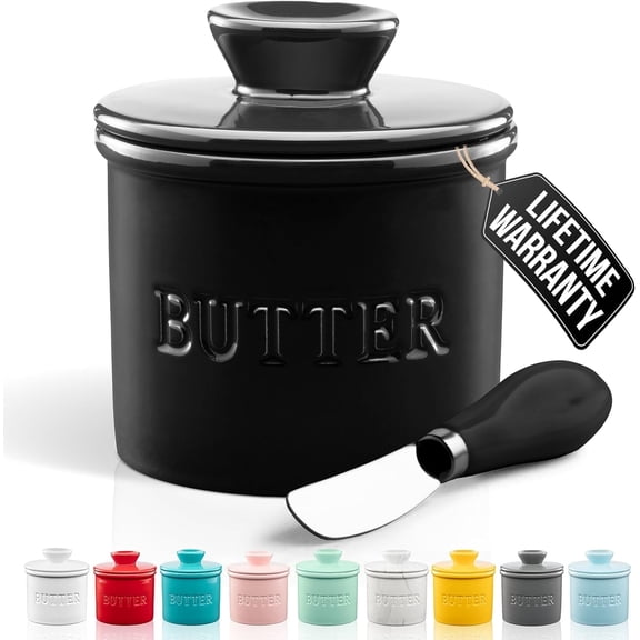 LZYMSZ Kitchen Porcelain Butter Crock With Lid & Knife - Authentic French Butter Dish For Fresh & Spreadable Butter - Black