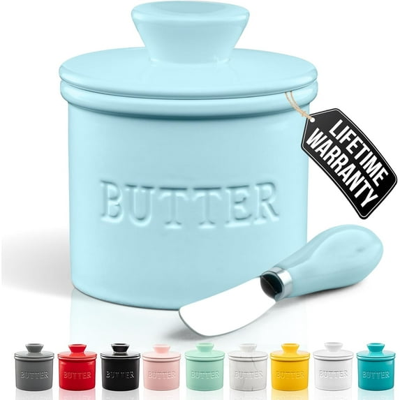 Zulay Kitchen Porcelain Butter Crock With Lid & Knife - Authentic French Butter Dish For Fresh & Spreadable Butter - Light Blue