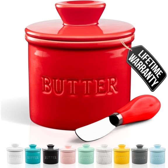 LZYMSZ Kitchen Porcelain Butter Crock With Lid & Knife - Authentic French Butter Dish For Fresh & Spreadable Butter - Red