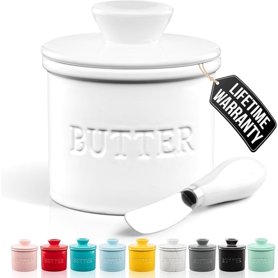 HYOWUIER Kitchen Porcelain Butter Crock With Lid & Knife - Authentic French Butter Dish For Fresh & Spreadable Butter - White