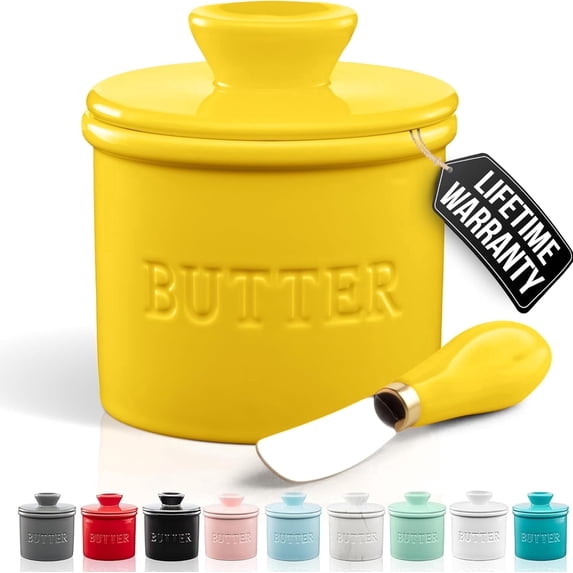 LZYMSZ Kitchen Porcelain Butter Crock With Lid & Knife - Authentic French Butter Dish For Fresh & Spreadable Butter - Yellow