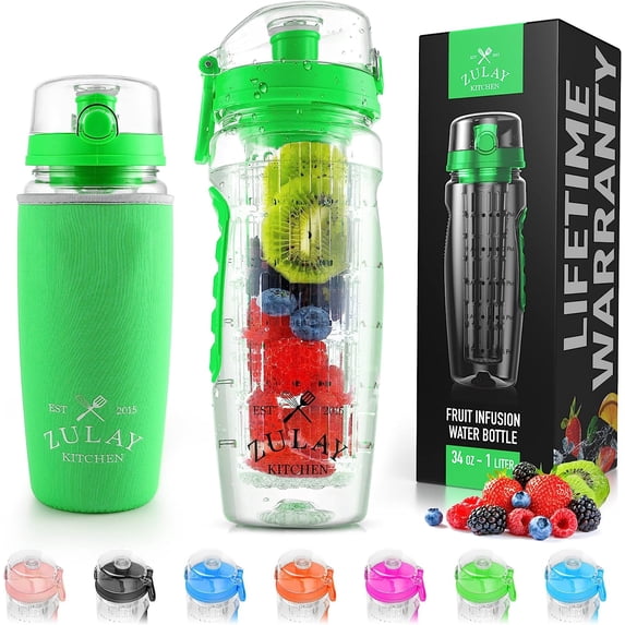 Zulay Kitchen Portable Water Bottle with Fruit Infuser 34 oz - Energy Green