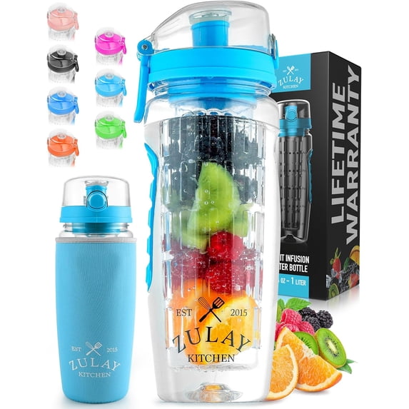 Zulay Kitchen Portable Water Bottle with Fruit Infuser 34 oz - Lake Blue