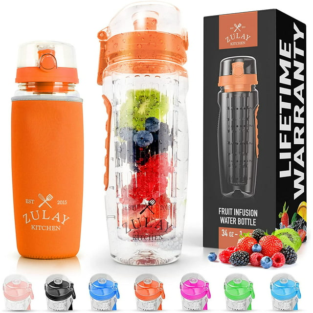 Zulay Kitchen Portable Water Bottle with Fruit Infuser 34 oz - Sunrise Orange