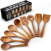 Zulay Kitchen Premium 9 Piece Teak Wooden Utensils - Smooth Finish Natural Teak Wood Cooking Utensil Set