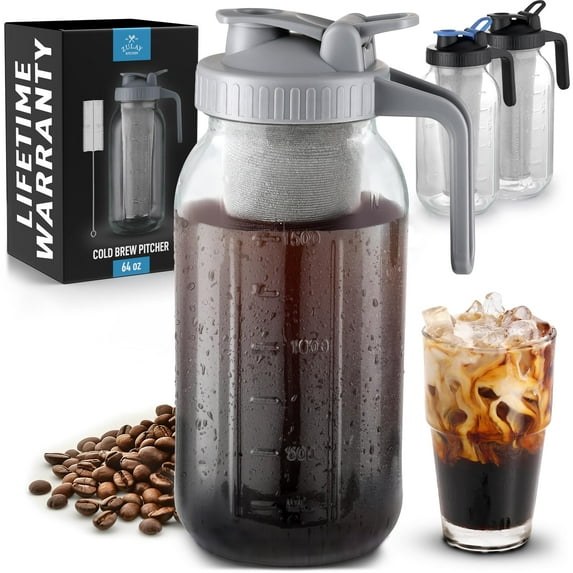 Zulay Kitchen Premium Cold Brew Coffee Maker - 64oz Mason Jar With Leak-Proof Lid & Extra-Thick Glass - Fine-Mesh Stainless Steel Filter For Smooth Cold Brew & Iced Tea