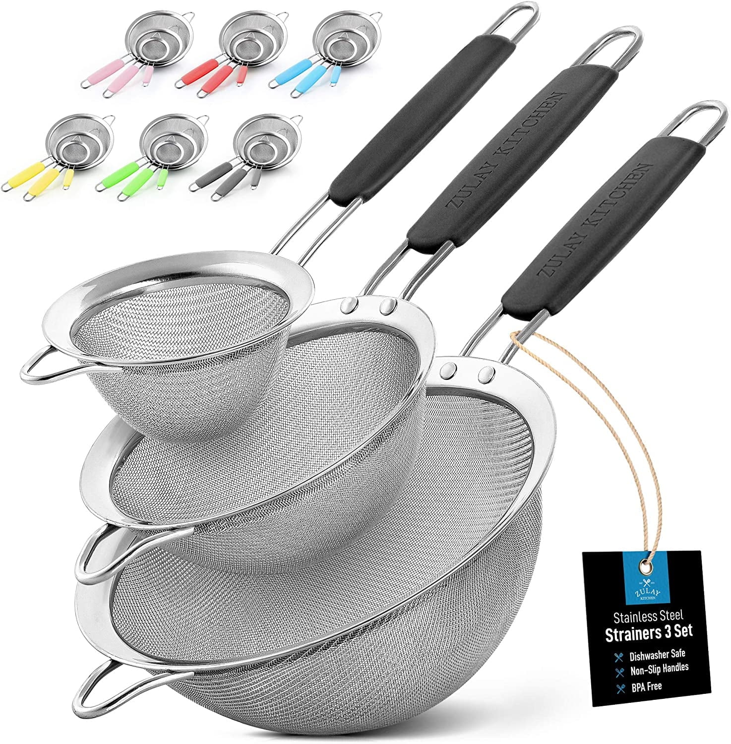 Black Stainless Steel Fine Mesh Strainer Set with Soft Handles
