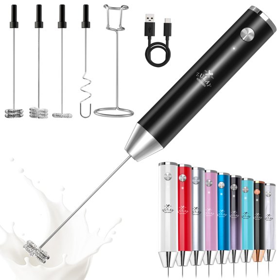 Zulay Kitchen Rechargeable Milk Frother Handheld - Lux 4 Whisks, Powerful 2-Speed Motor, Waterproof, 2000mAh Battery - Drink Mixer for Latte, Cappuccino, Matcha & Protein Powder - Jet Black