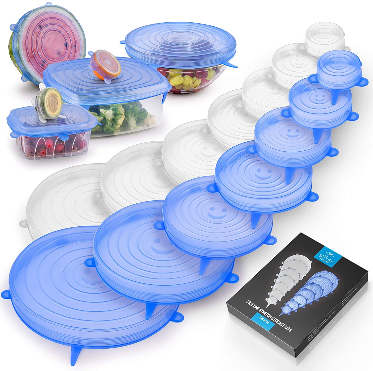 Reusable Premium Silicone Stretch and Seal Lids 14PCS for Food Storage,  Flexible Round Silicone Bowl Covers, 7 Different Sizes - Keep Food Fresh,  by