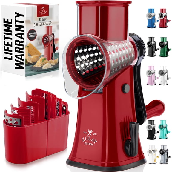 Zulay Kitchen Rotary Cheese Grater 5 Blade Cheese Shredder - Manual Hand Crank Cheese Grater With Reinforced Suction & 5 Interchangeable Drums - Easy to Use, Vegetable Chopper Round Mandoline Slicer