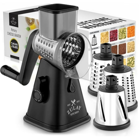 Zulay Kitchen Rotary Cheese Grater Cheese Shredder 3 Replaceable Stainless Steel Blades, Black