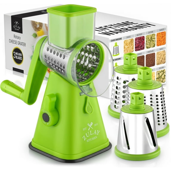 Zulay Kitchen Rotary Cheese Grater Cheese Shredder 3 Replaceable Stainless Steel Blades - Light Green