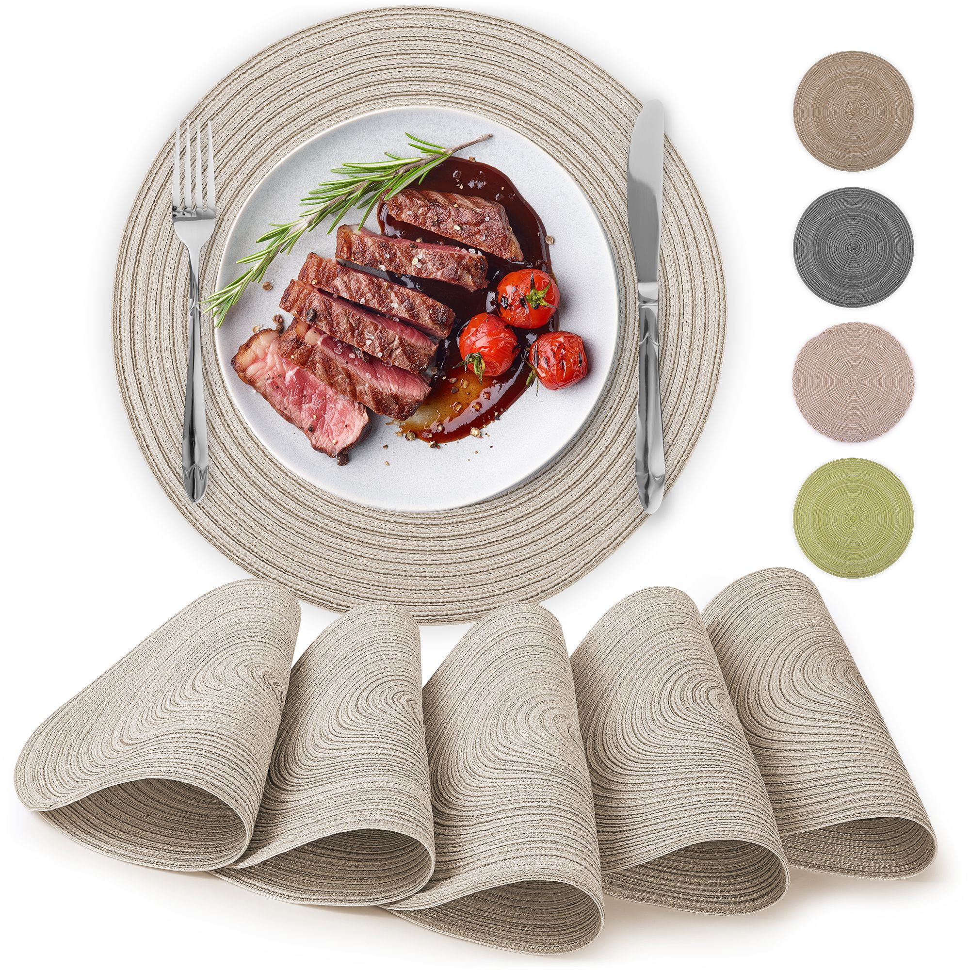 Beige Braided Fabric Round Placemats Set of 6