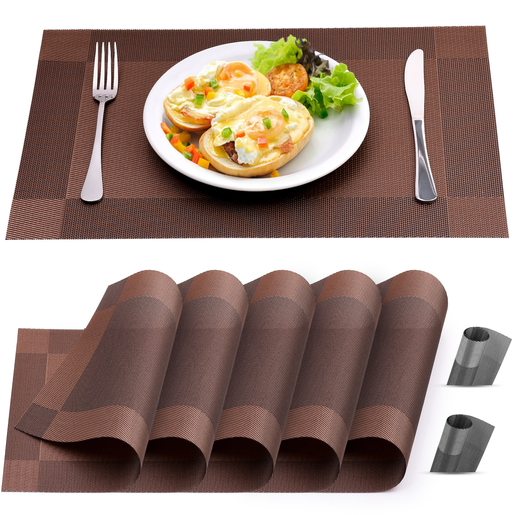 Zulay Kitchen Washable Modern Set of 6 Woven Vinyl Placemats - Rectangular, Durable & Stain ...