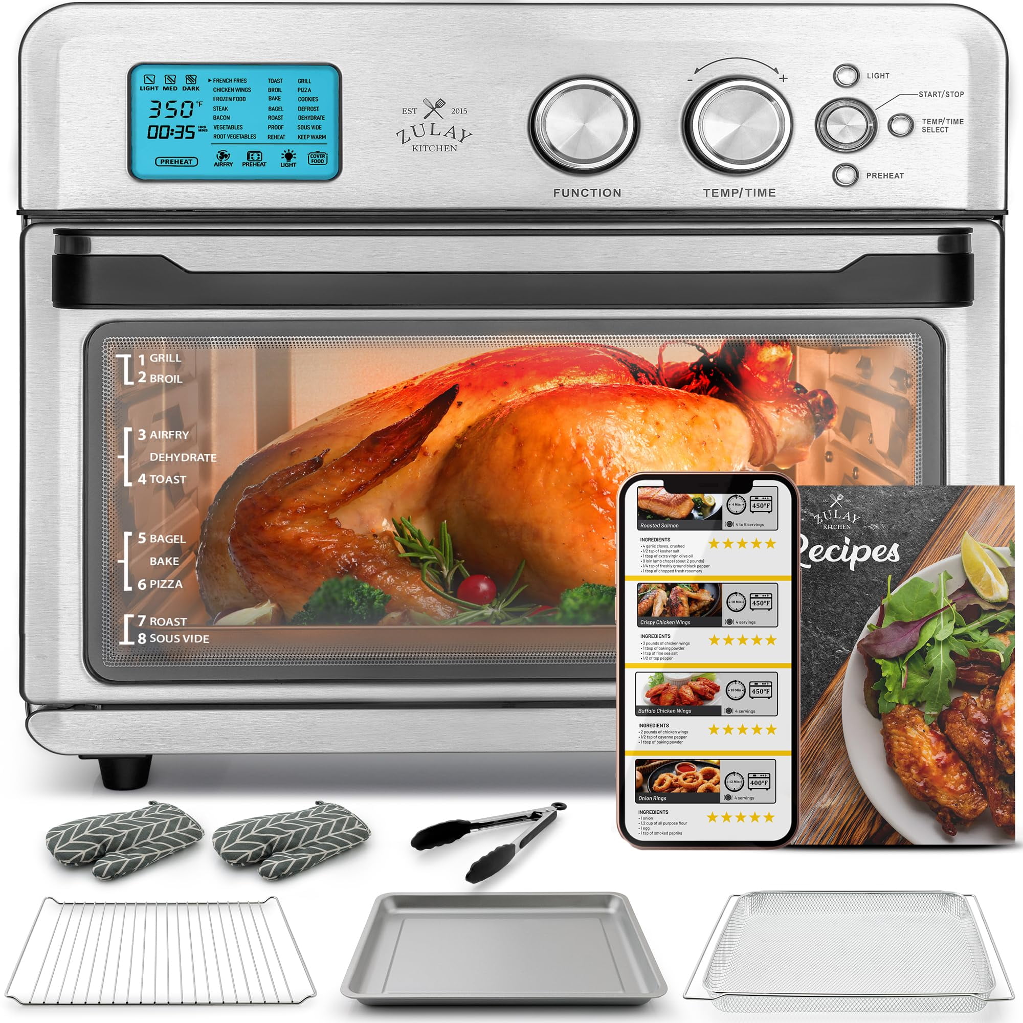 Zulay Kitchen Stainless Steel Airfryer Toaster Oven Combo with 21 Preset Functions - Large 26.4Qt