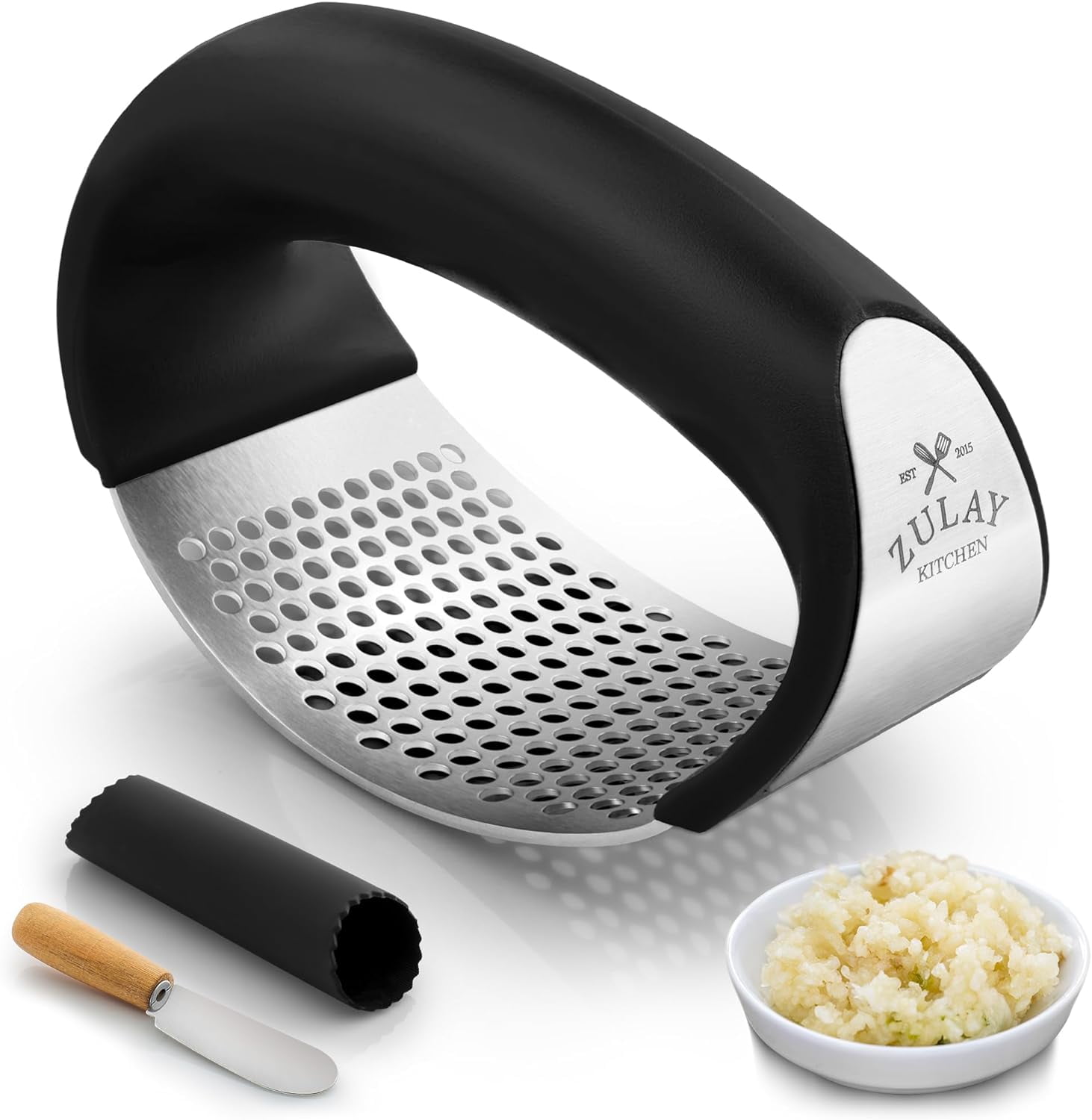 Zulay Kitchen Stainless Steel Garlic Press Rocker Set Garlic Mincer Crusher Black